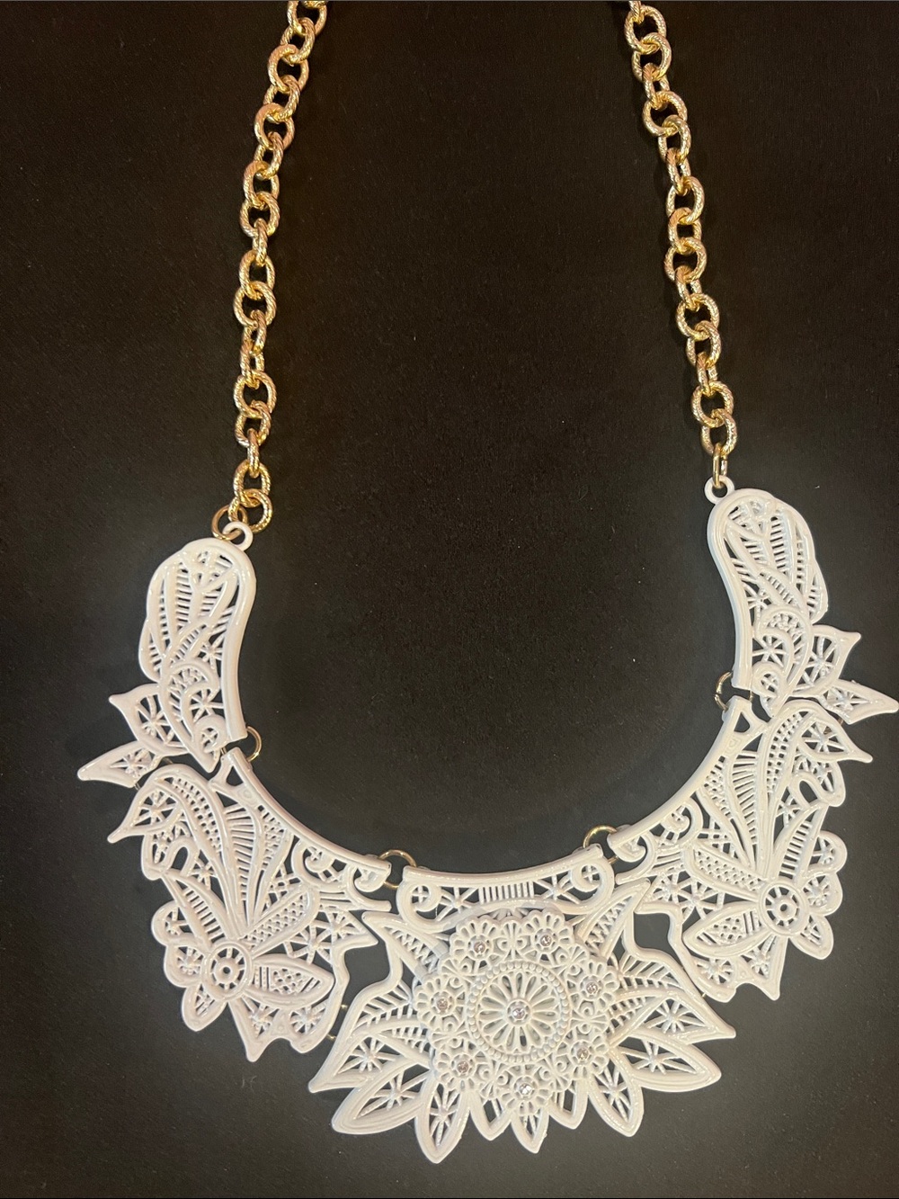 Gold Chain Necklace with White Filigree Bib Pendant - Elegant Statement